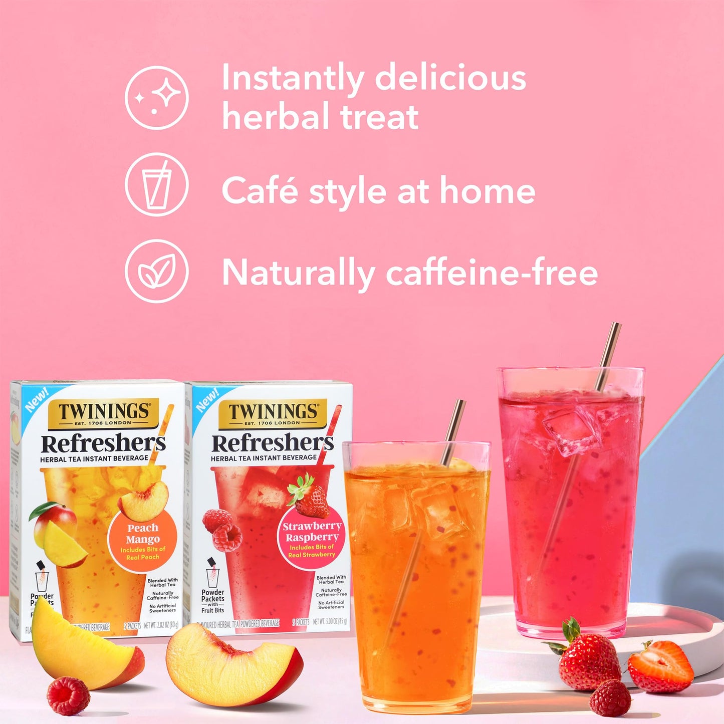 NEW Twinings Peach Mango Refreshers Herbal Tea Instant Beverage with Real Peach Fruit Bits 5 Count (Pack of 6) Caf? Style No Artificial Sweeteners Naturally Caffeine-Free Refreshment 30 Packets