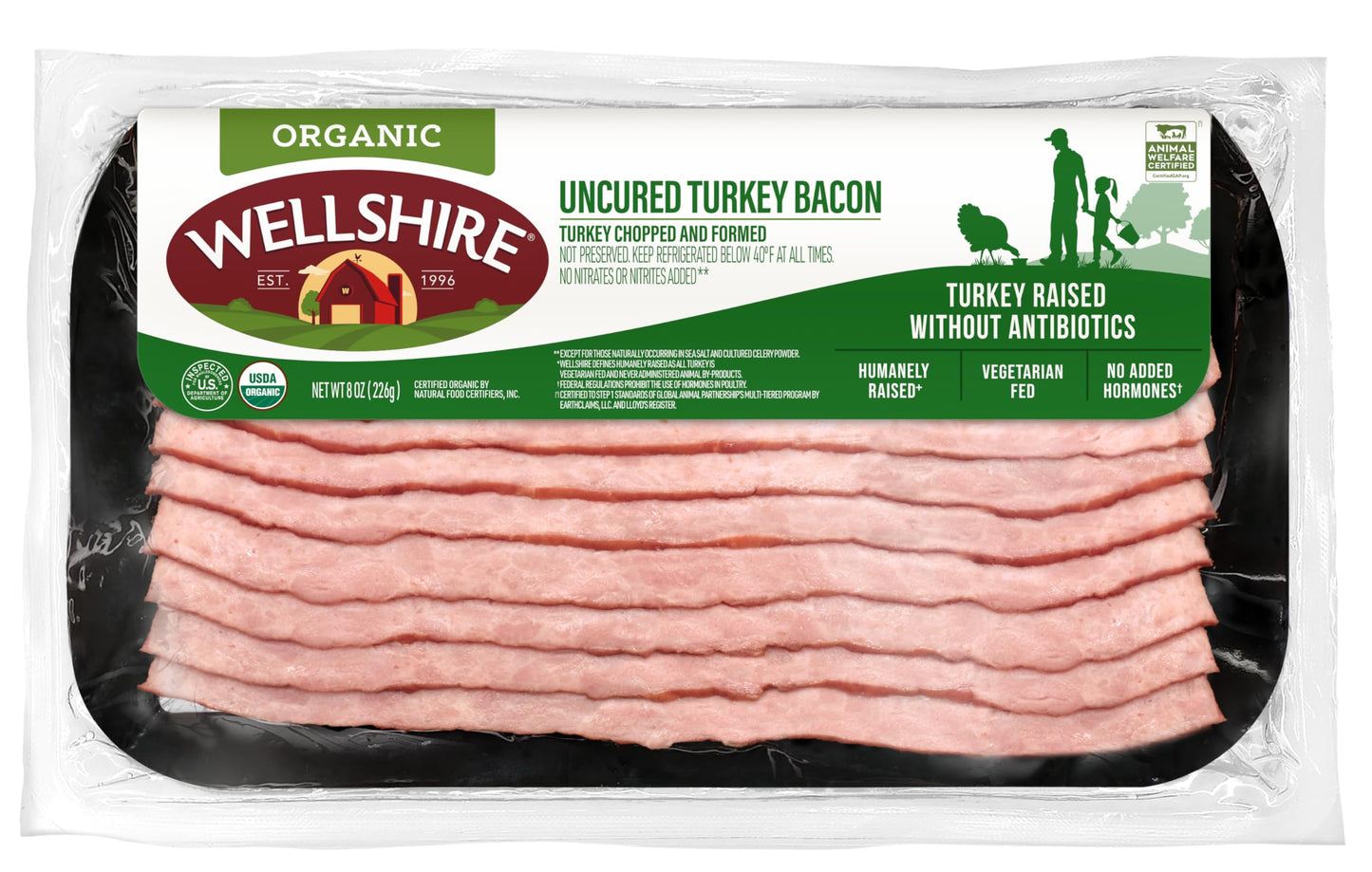 Wellshire Farms 8oz Uncured Turkey Bacon - Made from Organic Turkey Thighs with No Antibiotics or Hormones, a Lean and Flavorful