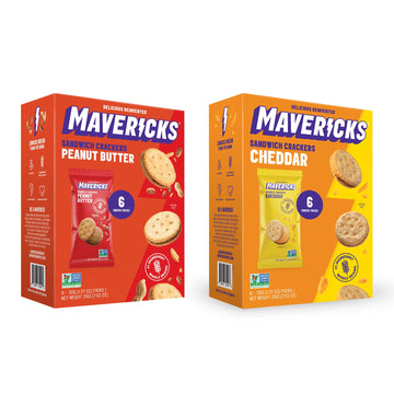 Mavericks Sandwich Crackers Variety Pack - Peanut Butter & Cheddar Snack Crackers, Whole Grain - 2 Boxes (6 Snack Packs of Each)