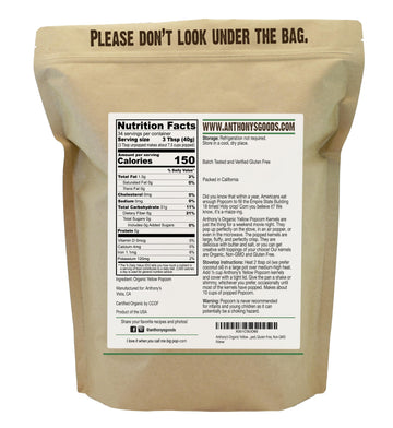 Anthonys Organic Yellow Popcorn Kernels, 3 Lb, Unpopped, Gluten Free, Non Gmo