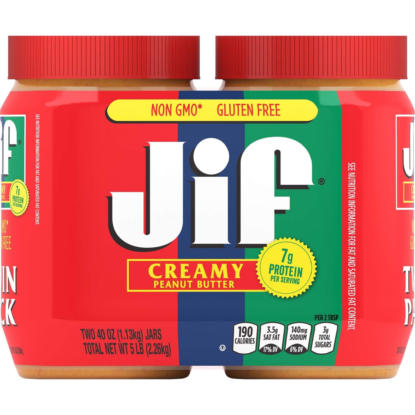 Jif Creamy Peanut Butter, 40 Ounces (Pack of 2), 7g (7% DV) of Protein Per Serving, Smooth, Creamy Texture, No Stir Peanut Butte