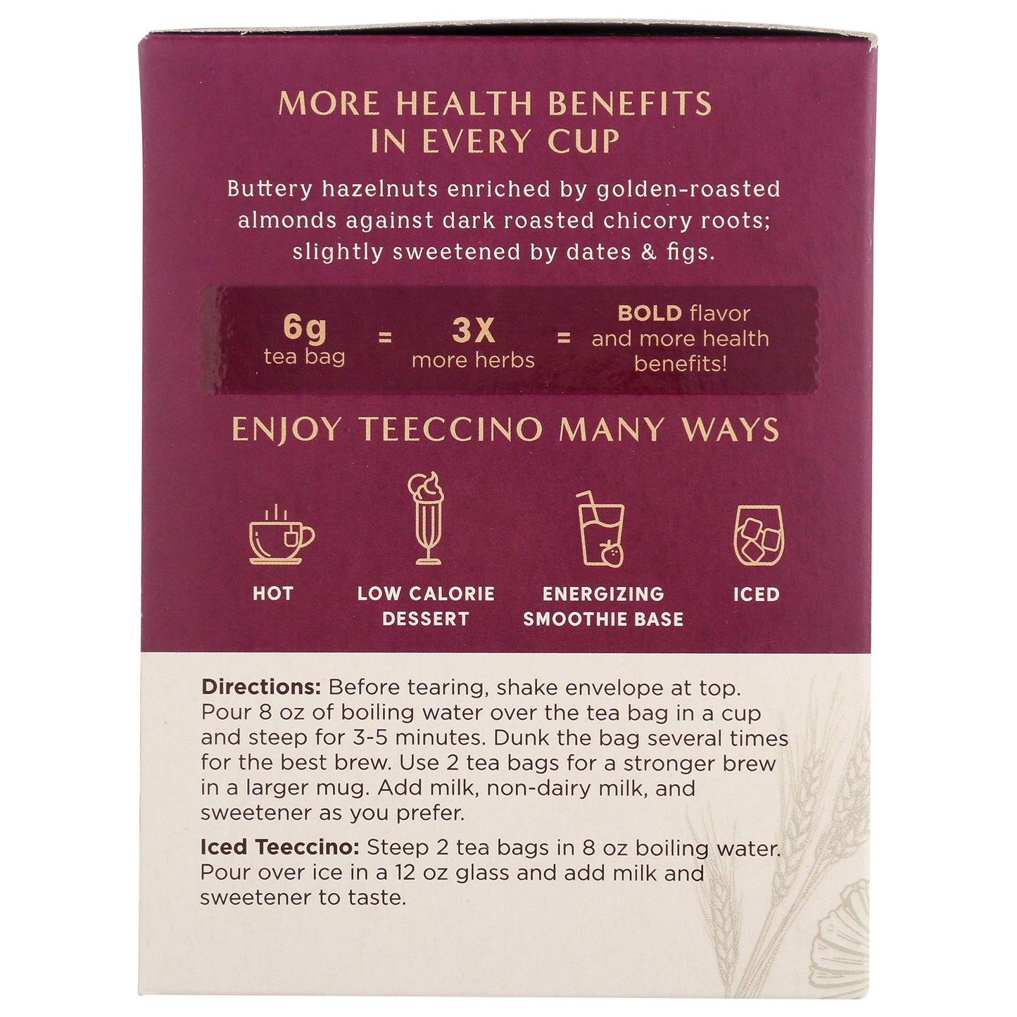 Teeccino Hazelnut Herbal Tea - Caffeine Free, Prebiotic, 10 Tea Bags, Model F03316