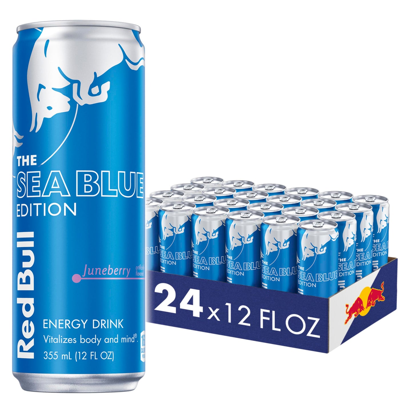 Red Bull Energy Drink, Sea Blue Edition, Juneberry, 114mg Caffeine, 12 Fl Oz, Pack of 24 Cans, Model RB242607