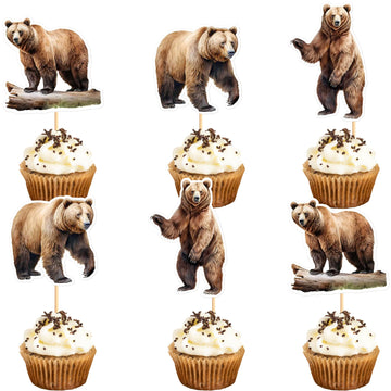 Ercadio 24 Pack Brown Bear Cupcake Toppers Brown Bear Cupcake Picks Animal Cupcake Picks Brown Bear Birthday Cupcake Decorations