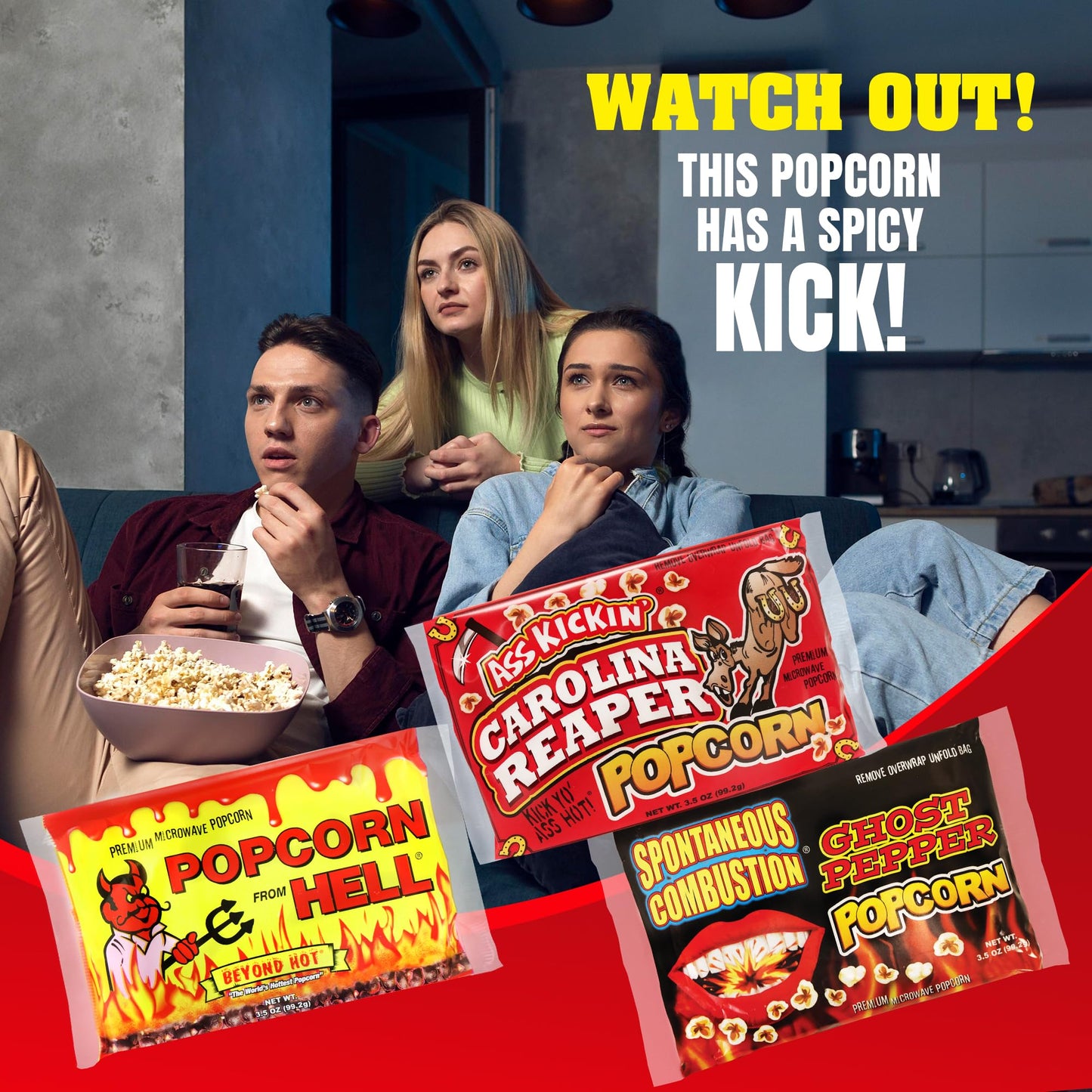 ASS KICKIN Premium Microwave Popcorn Variety Gift Pack - Spicy & Sweet - 3.5 oz (Pack of 3)