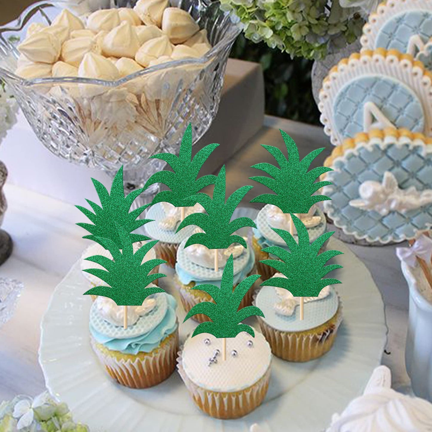 Rssta i Pineapple Cupcake Toppers - 30 Pack, Glitter Design 12, Card Stock, Food Grade Sticks for Hawaiian Luau Parties