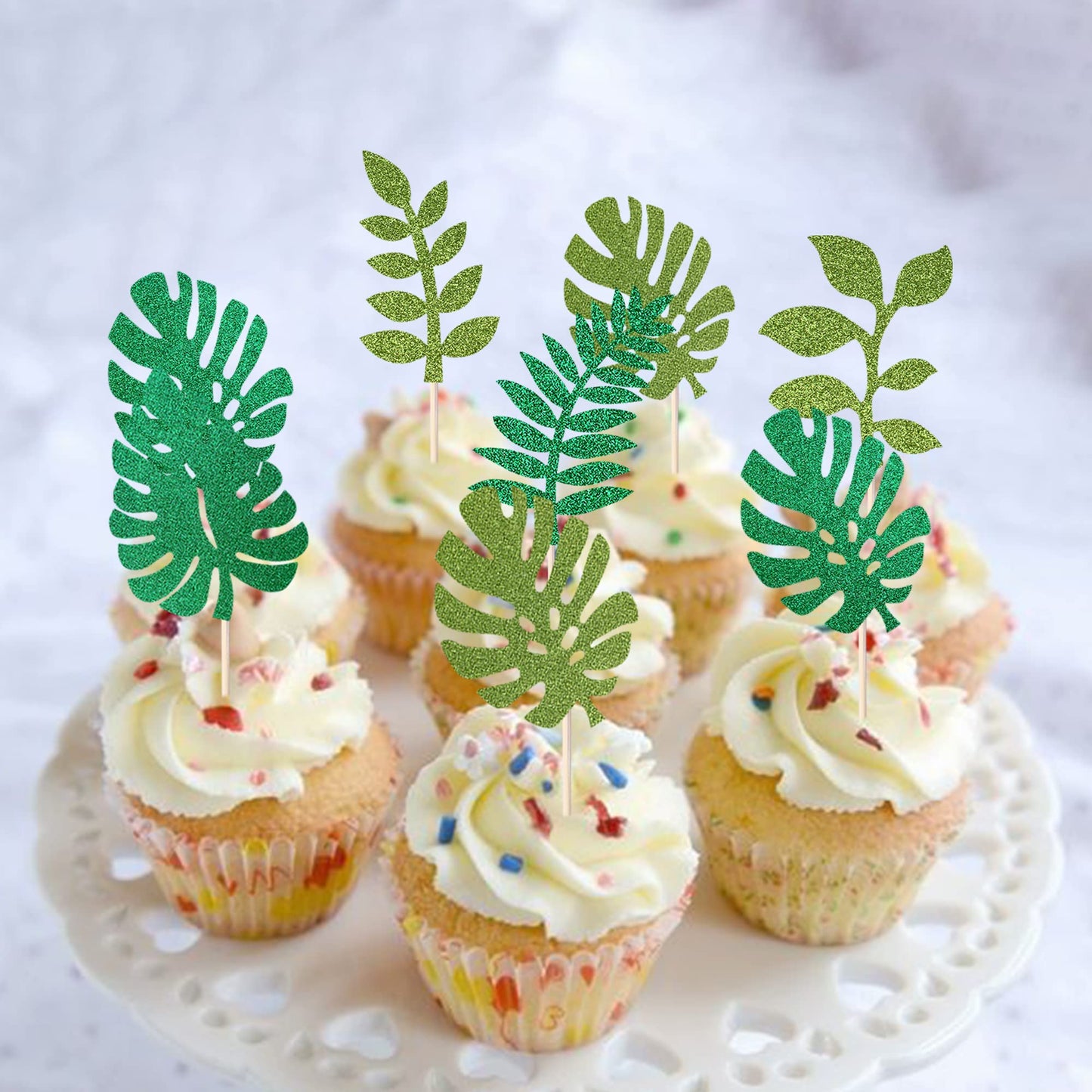 YCTHUNFISH 24 Pack Cupcake Toppers, Tropical Palm Leaves, Glitter Green, Bamboo, Hawaiian Theme Decorations for Parties