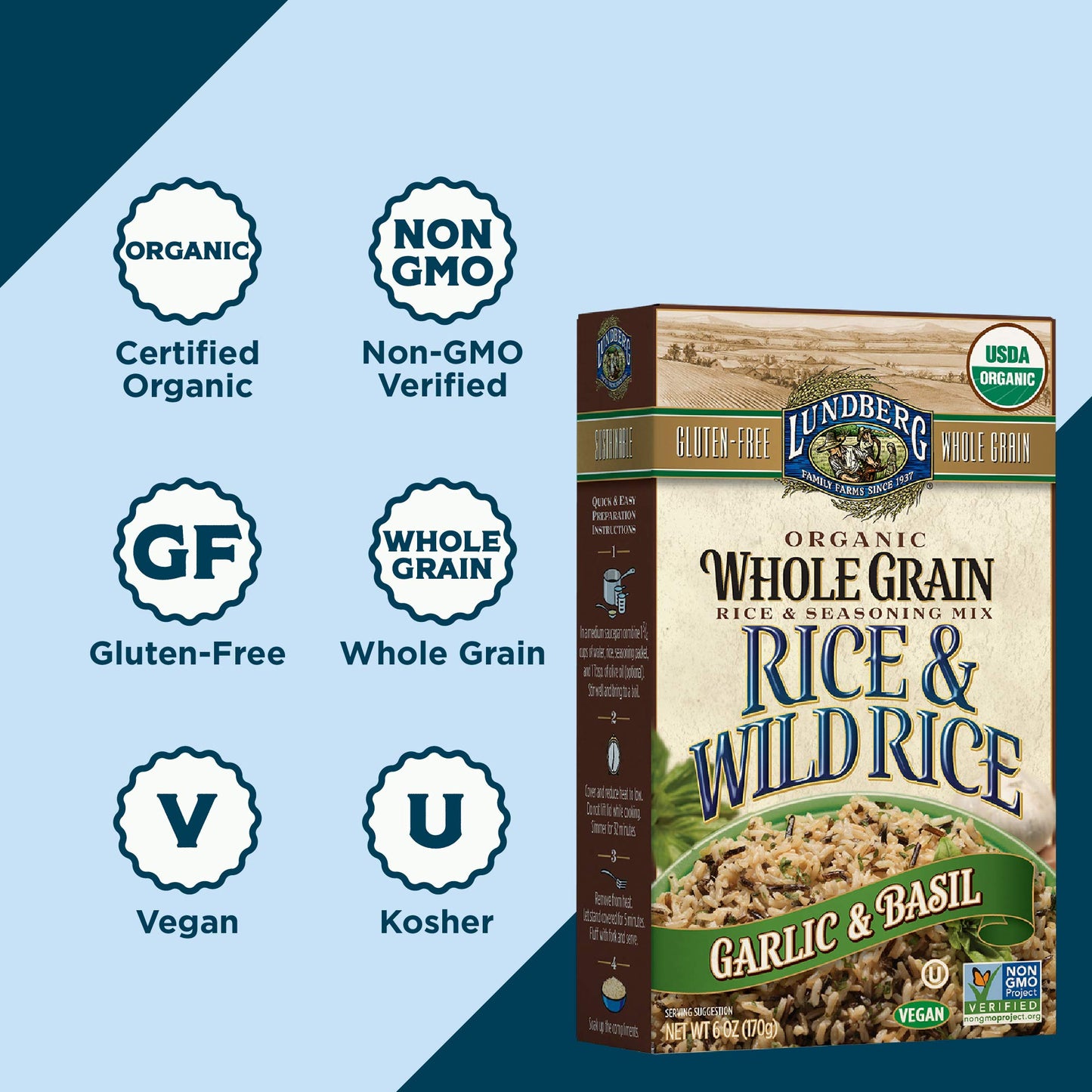 Lundberg Family Farms - Organic Whole Grain Rice & Wild Rice, Garlic & Basil, Side Dish, Pantry Staple, 100% Whole Grain, Non-Gmo, Gluten-Free, Usda Certified Organic, Vegan, Kosher (6 Oz, 6-Pack)