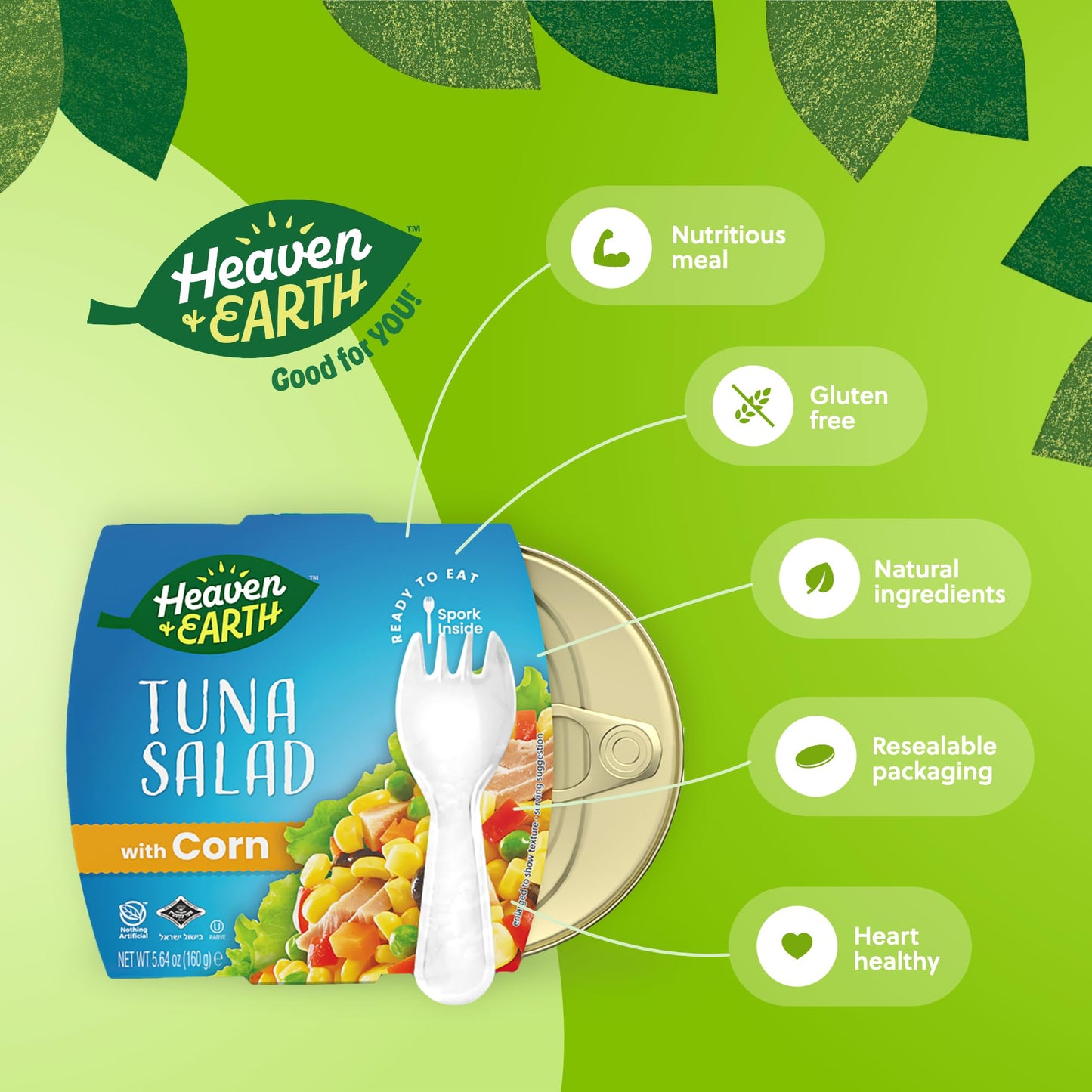 Heaven & Earth Ready to Eat Tuna Salad with Corn & Vegetables, 5.64oz (4 Pack) | Great Source of Protein | Travel Friendly Meals