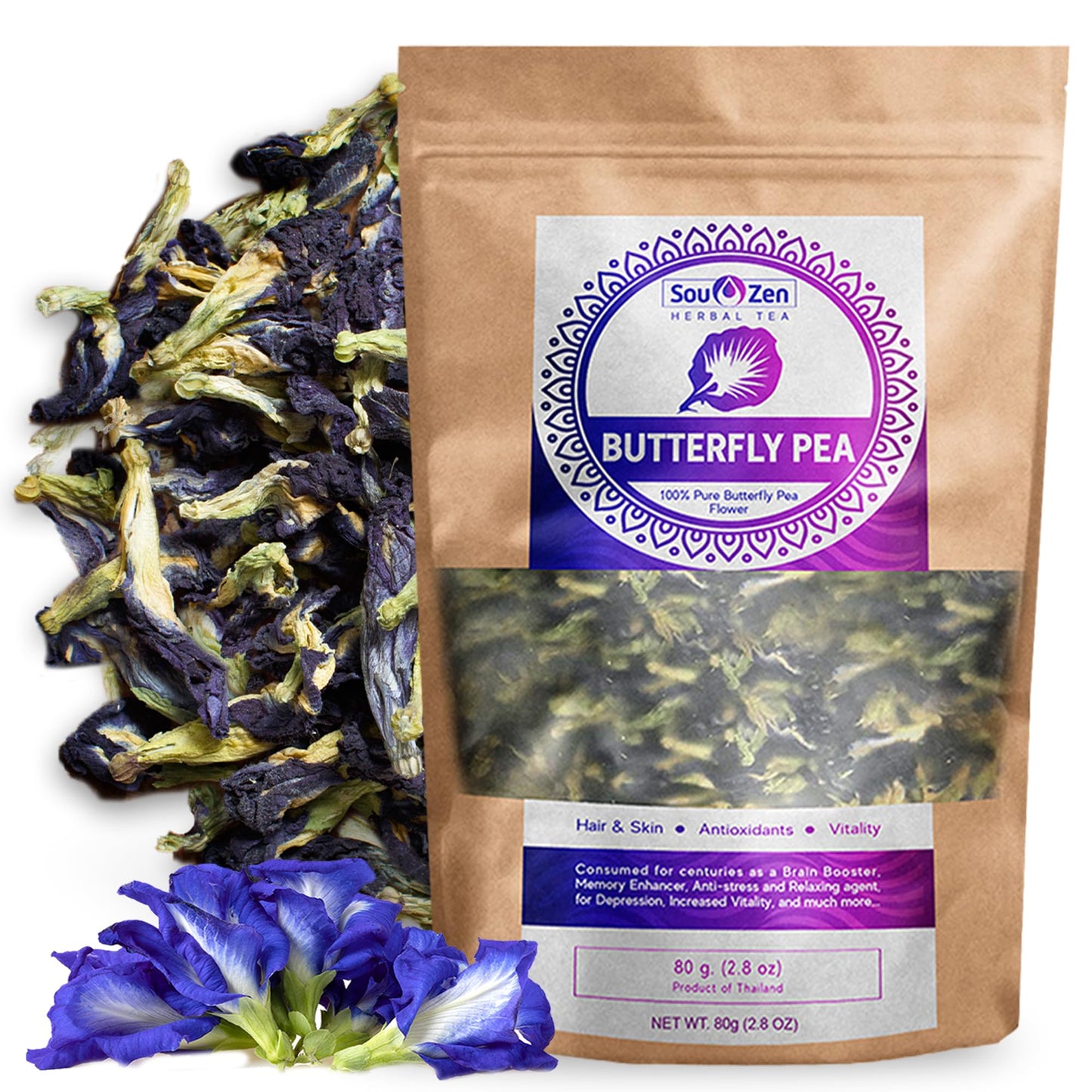 Sou Zen Butterfly Pea Flowers (80 G) Dried Tea Leaves | Natural Raw Drink Mix W/Antioxidants Organic Nootropics | Thai Herbal Floral Tea