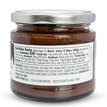 CAMPO DORO Premium Chocolate Spread, DOP Certified Modica Chocolate, Creamy, 6.35oz, No Palm Oil