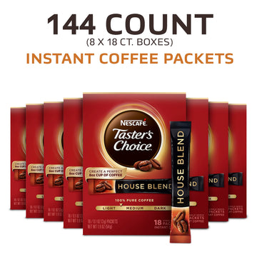 Nescafe Taster'S Choice, House Blend Light Medium Roast Instant Coffee, 8 Boxes (144 Packets)