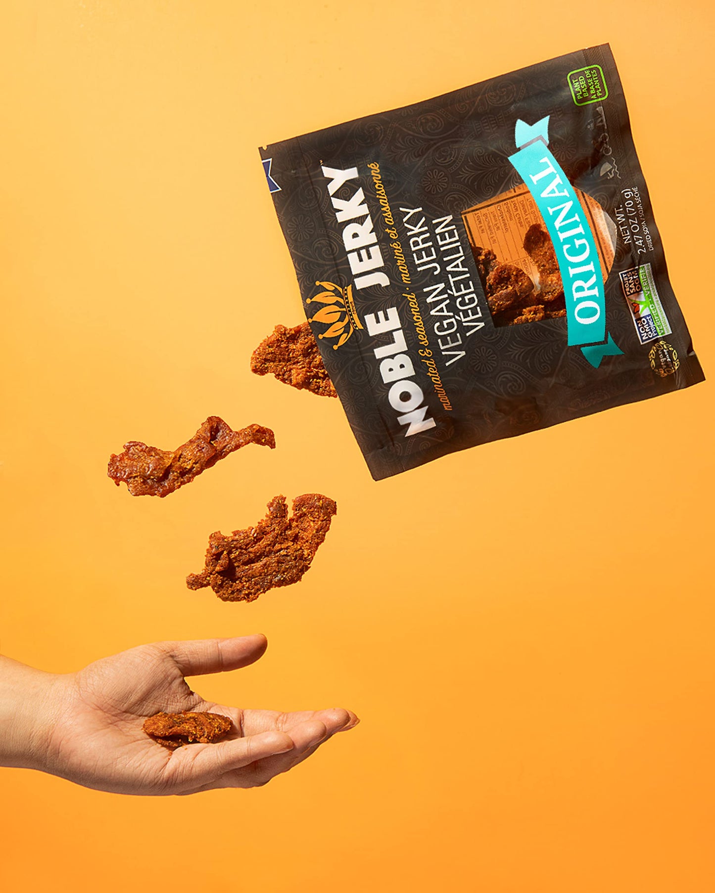 Noble Jerky - Vegan Jerky, Plant-Based High Protein Snack, Vegetarian, Non-GMO, Original Flavor, 12 Pack (70g Bags), 14g Protein
