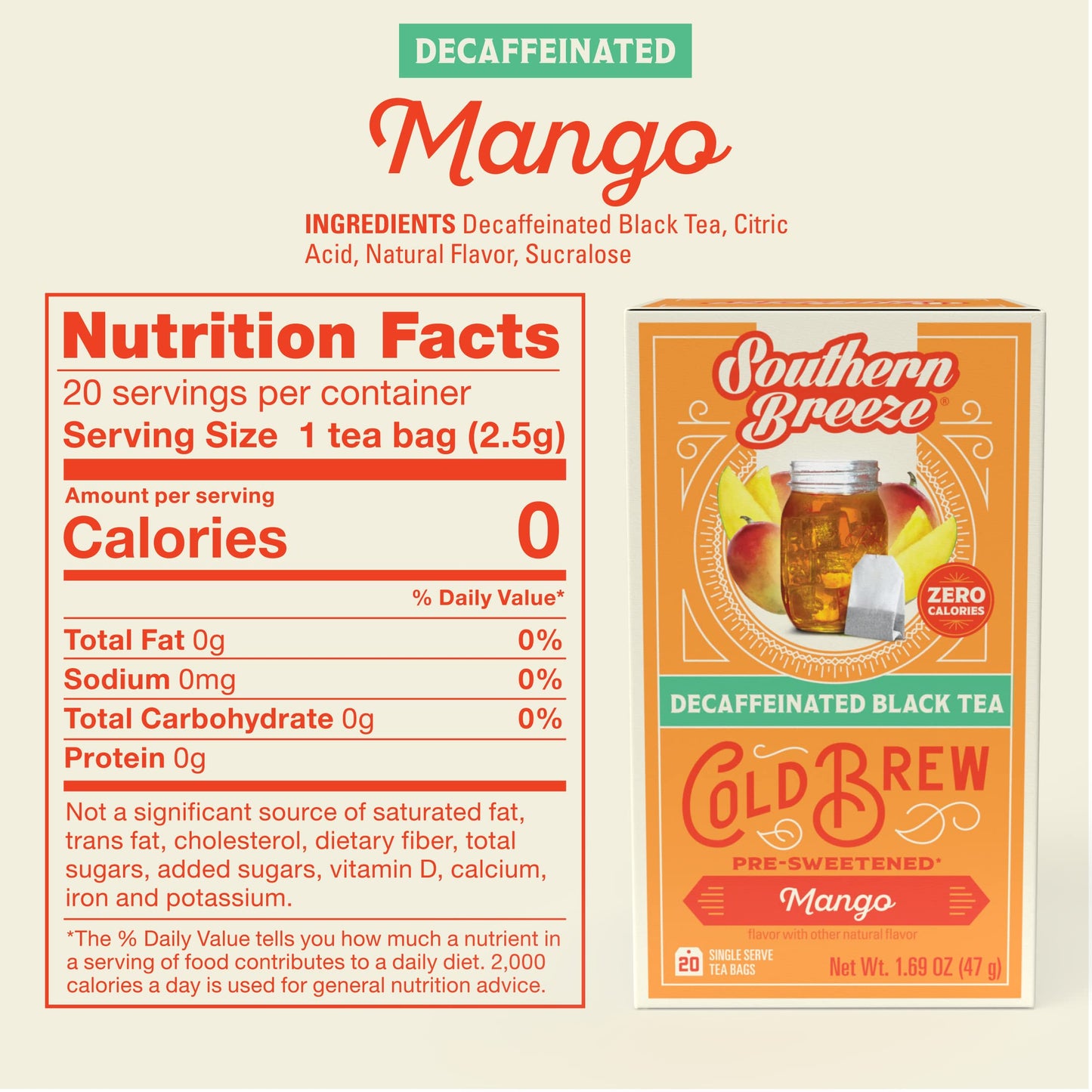 Southern Breeze Cold Brew Sweet Tea Mango Iced Tea With Black Tea And Zero Carbs Zero Sugar, 20 Individually Wrapped Tea Bags (Pack Of 2) Southern Sweet Tea Iced Tea Beverage