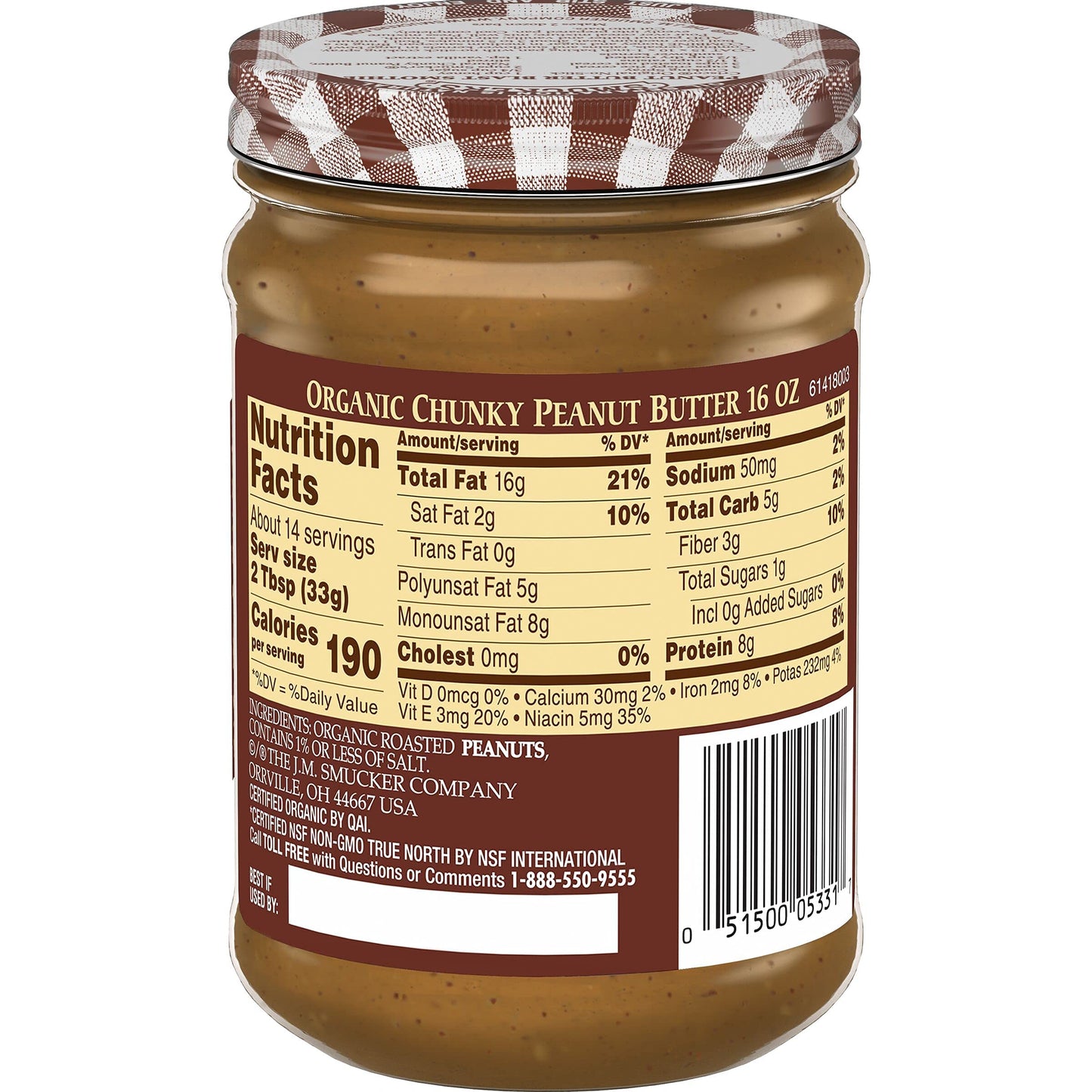 Smucker s Organic Peanut Butter, Chunky, 16oz (Pack of 6)