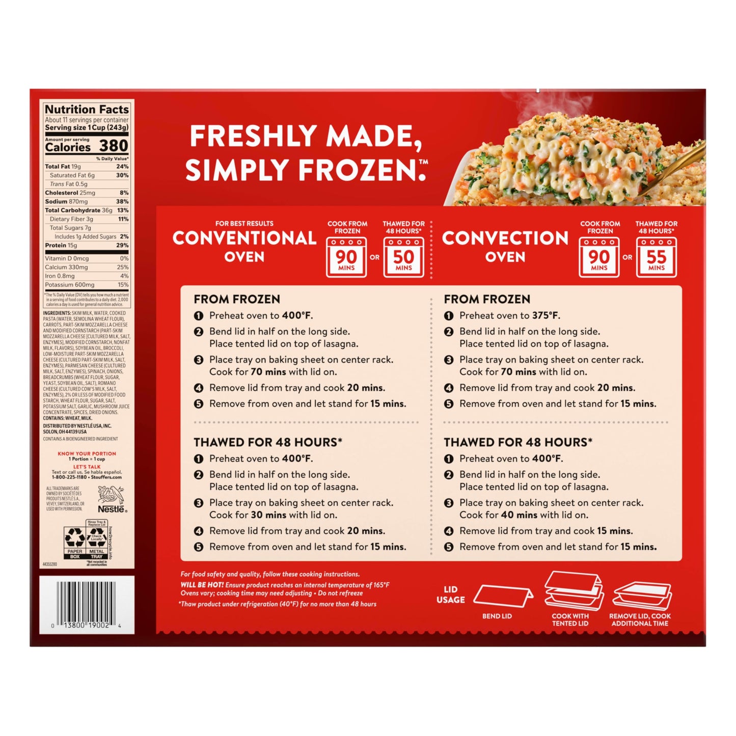 Stouffers Vegetable Lasagna, Party Size Lasagna, Easy Frozen Dinners 96 oz