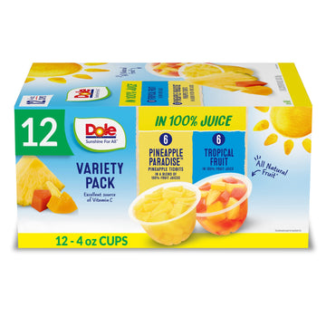 Dole Pineapple Tidbits And Tropical Fruit In 100% Juice Variety Pack - Dole Fruit Bowls Snacks - 4 Oz Bowls - 12 Pack
