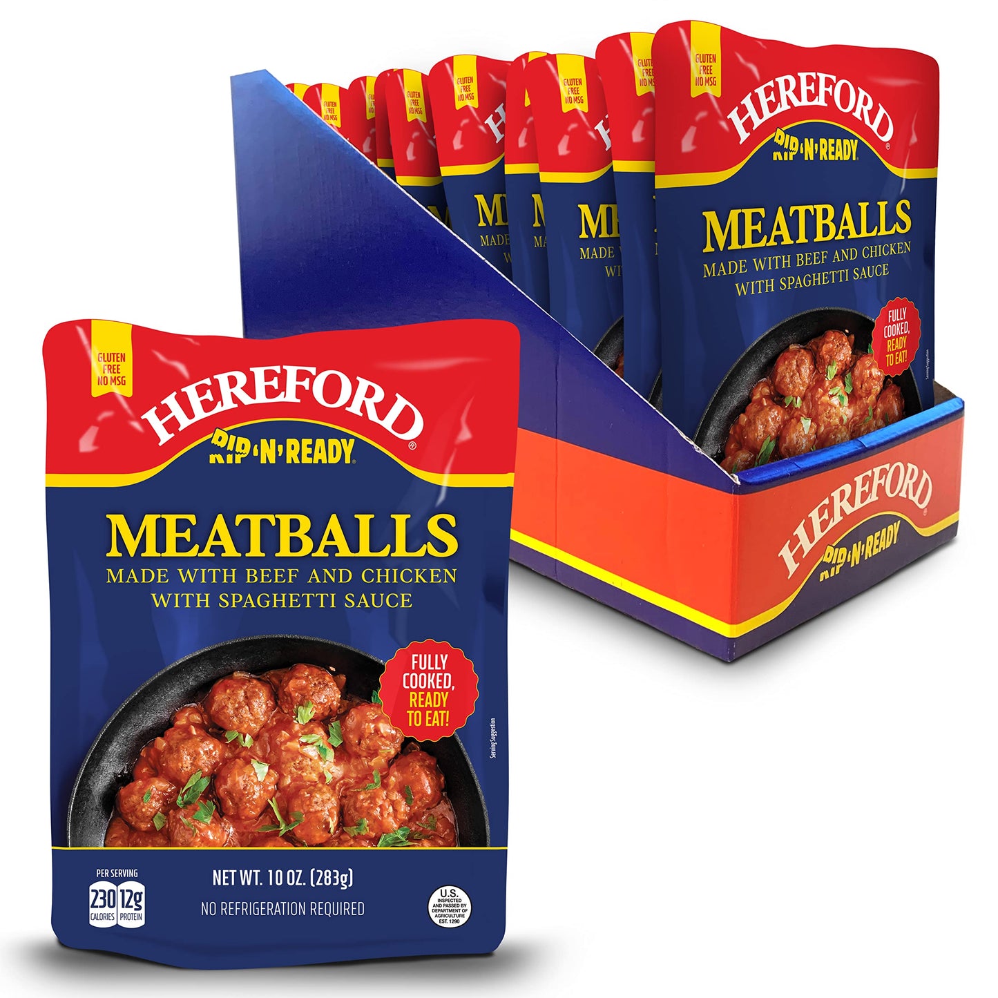 Hereford Meatballs with Spaghetti Sauce | Shelf Stable | Fully Cooked | Ready to Eat | 12g Protein per Serving | 10oz per Pouch