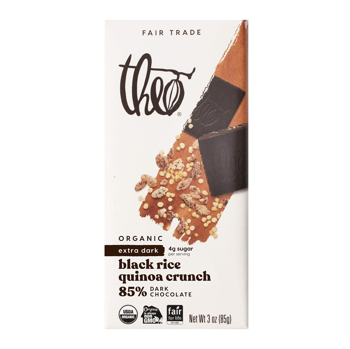 Theo Black Rice Quinoa Crunch Organic Dark Chocolate Bar, 85% Cacao, 1 Bar | Vegan, Fair Trade