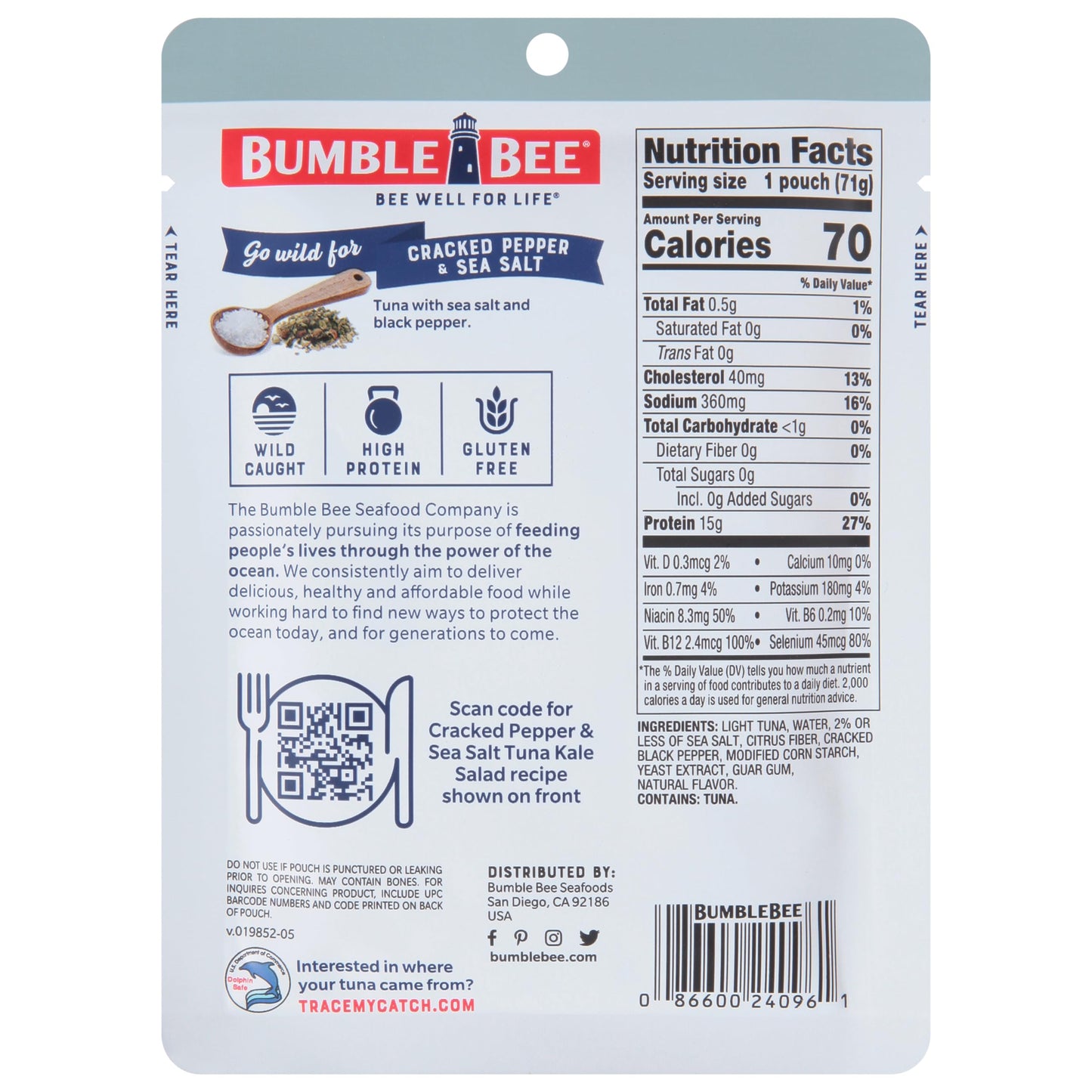 Bumble Bee Cracked Pepper & Sea Salt Seasoned Tuna, 2.5 Oz Pouches (Pack Of 12) - Ready To Eat - Wild Caught Tuna Pouch - 15G Protein Per Serving - Gluten Free