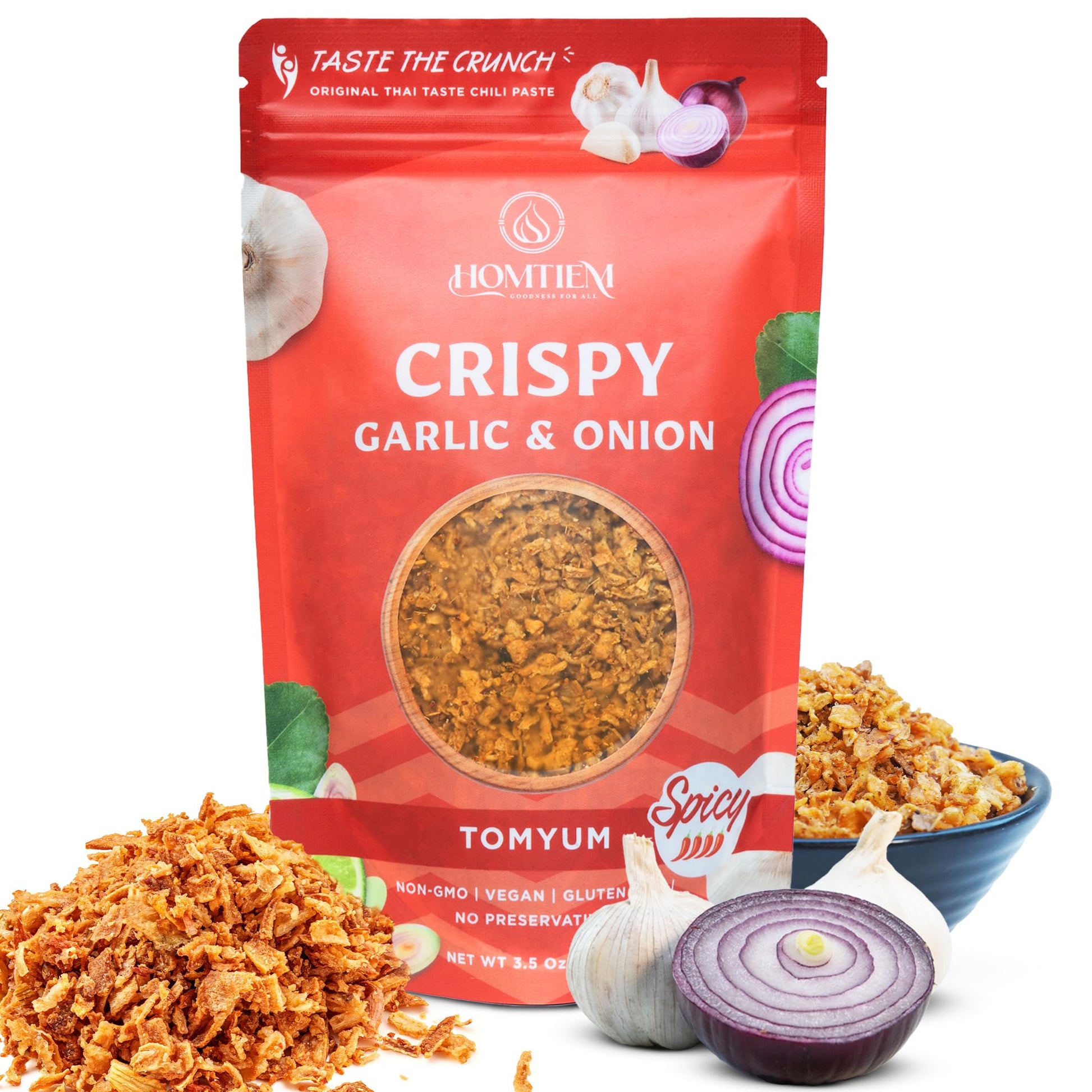 Homtiem Crispy Garlic & Onion : Tomyum 3.5 Oz., Spicy, Versatile Seasoning, All-Natural, Non-GMO, Vegan & Gluten-Free, Ready-to-