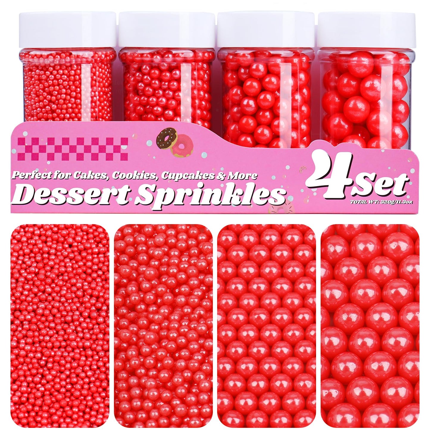 Red Pearl Sprinkles for Cake Decorating, 11.3 Oz Edible Pearls Sugar Large Capacity 4 Jars Set for Baking Cookie Ice Cream Cupca