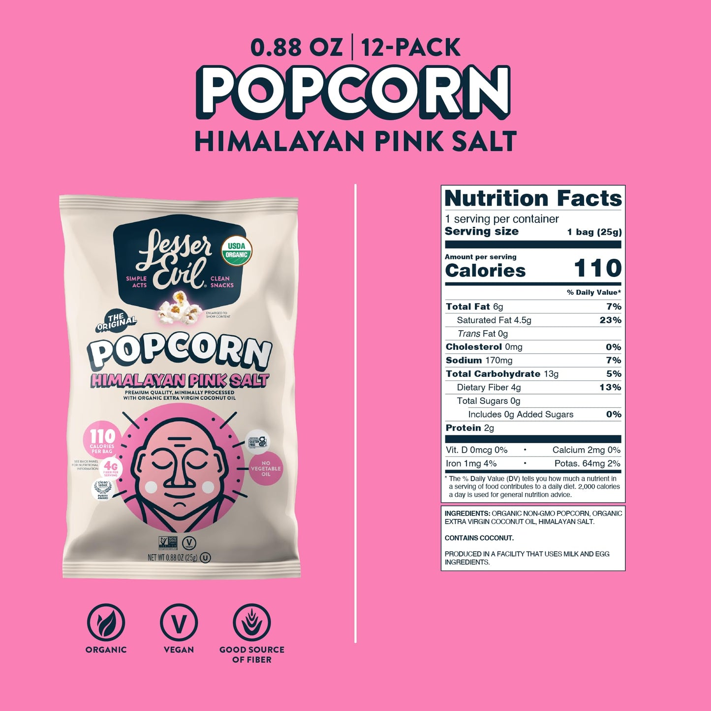 Lesserevil Organic Popcorn, Himalayan Pink Salt, 0.88 oz Bags, Pack of 12, No Artificial Ingredients, Coconut Oil