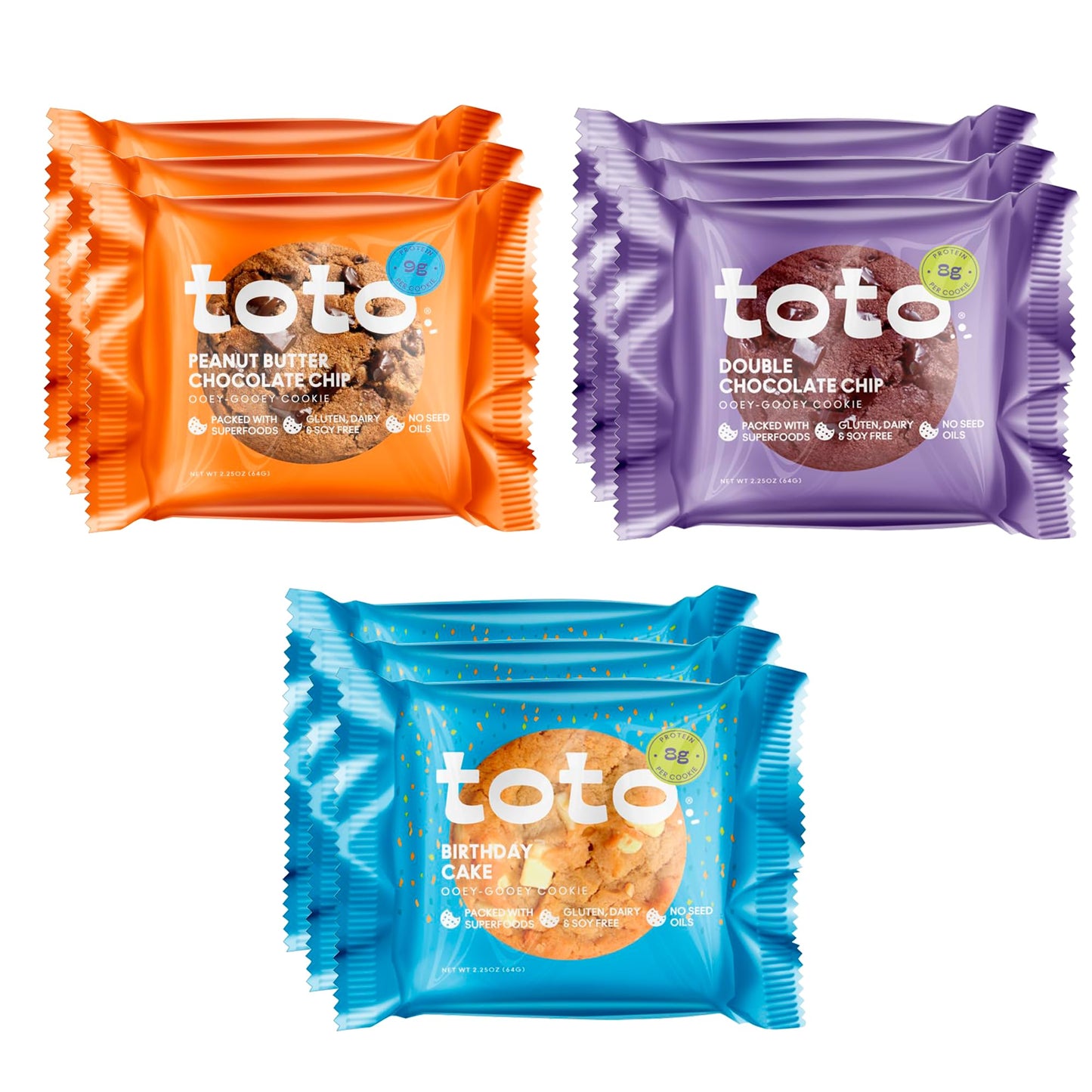 Kgf - Variety Pack Toto Gluten-Free Gooey Cookie 3 Peanutbutter Chocolate 3 Double Chocolate 3 Birthday Cake Pack Of 9