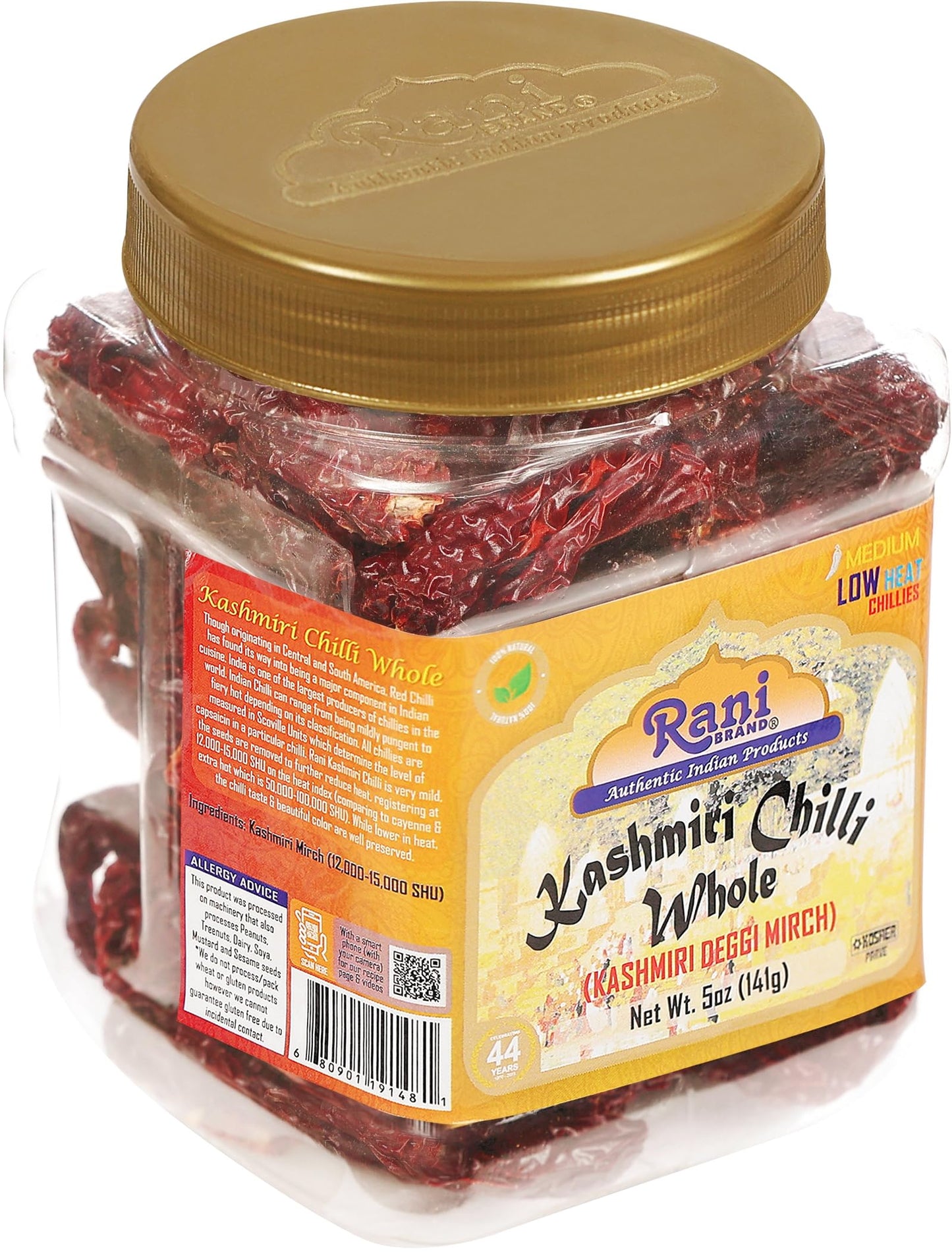 Rani Kashmiri Chilli Whole Stemless (Deggi Mirch, Low Heat) 5Oz (141G) Pet Jar ~ Natural | Salt-Free | Vegan | No Colors | Gluten Friendly | Non-Gmo | Kosher | Indian Origin