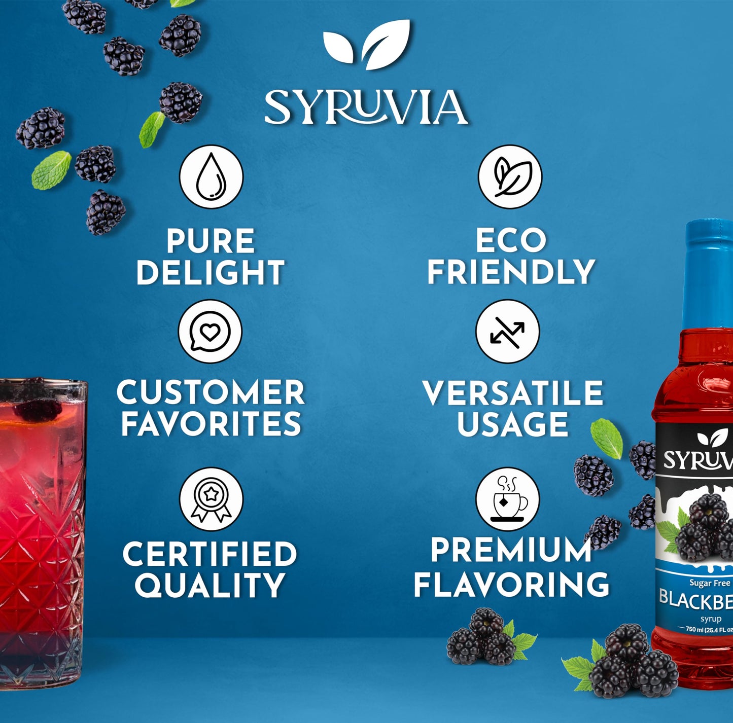 Syruvia Sugar-Free Blackberry Syrup, 25.4 fl oz - Bold Flavor, Kosher, Gluten-Free, Perfect for Beverages and Desserts