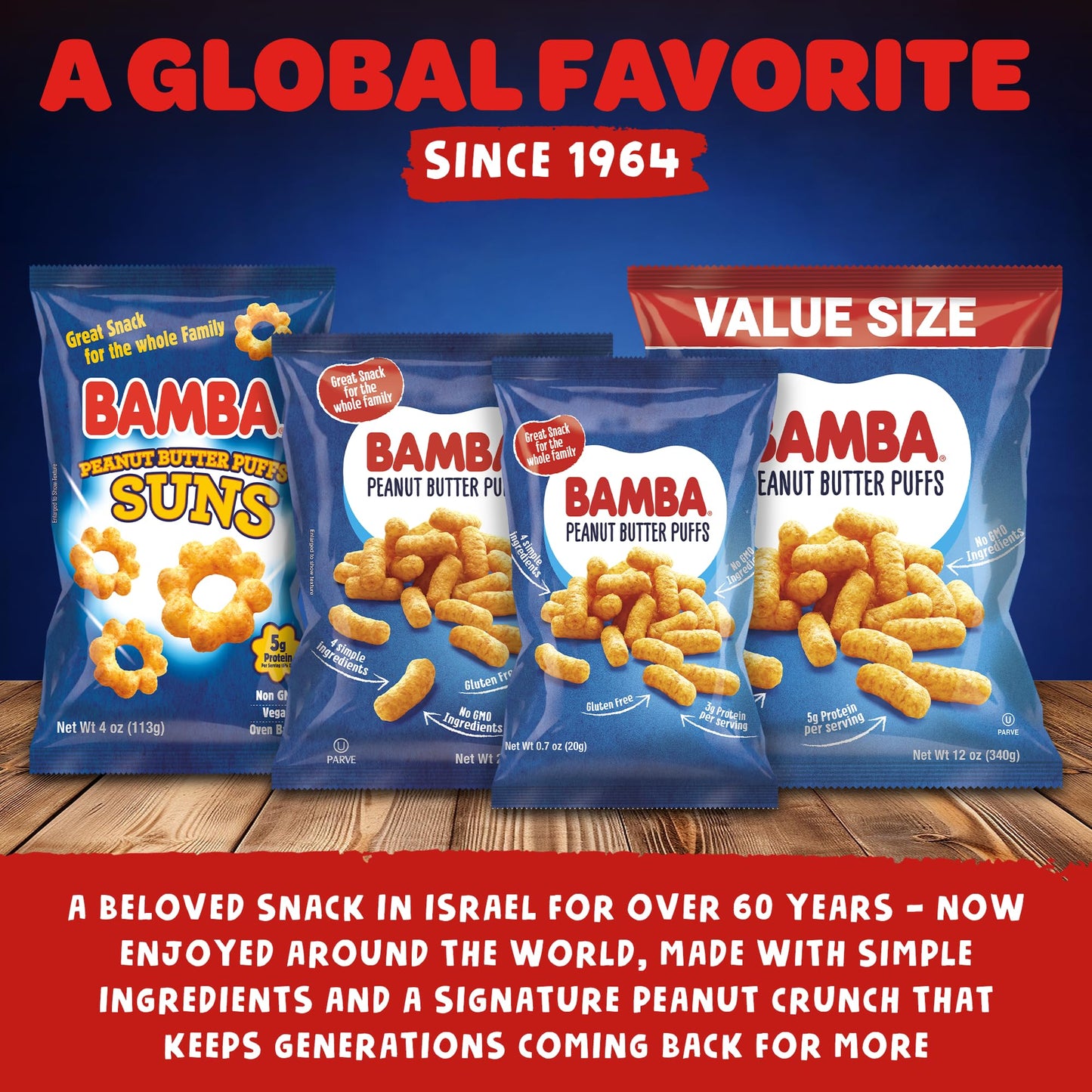 Gratify Bamba Peanut Butter Snacks for Families - All Natural Peanut Butter Corn Puffs Snacks ( 24 pack 0.7oz bags) - Made with