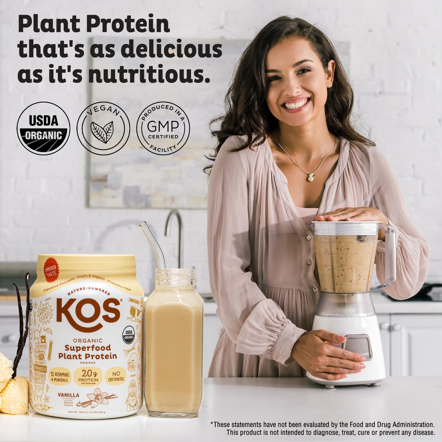 KOS Vegan Protein Powder Erythritol Free, Vanilla - USDA Organic Pea Protein Blend, Plant Based Superfood Rich in Vitamins & Min