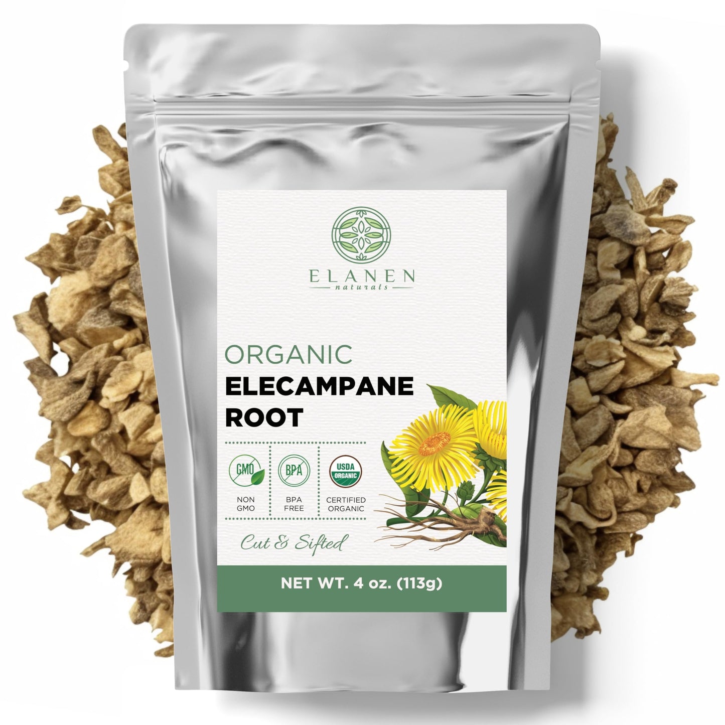 Elanen Naturals Organic Elecampane Root 4 Oz. (113G) Usda Certified Organic Elecampane Inula Helenium Herb Cut & Sifted