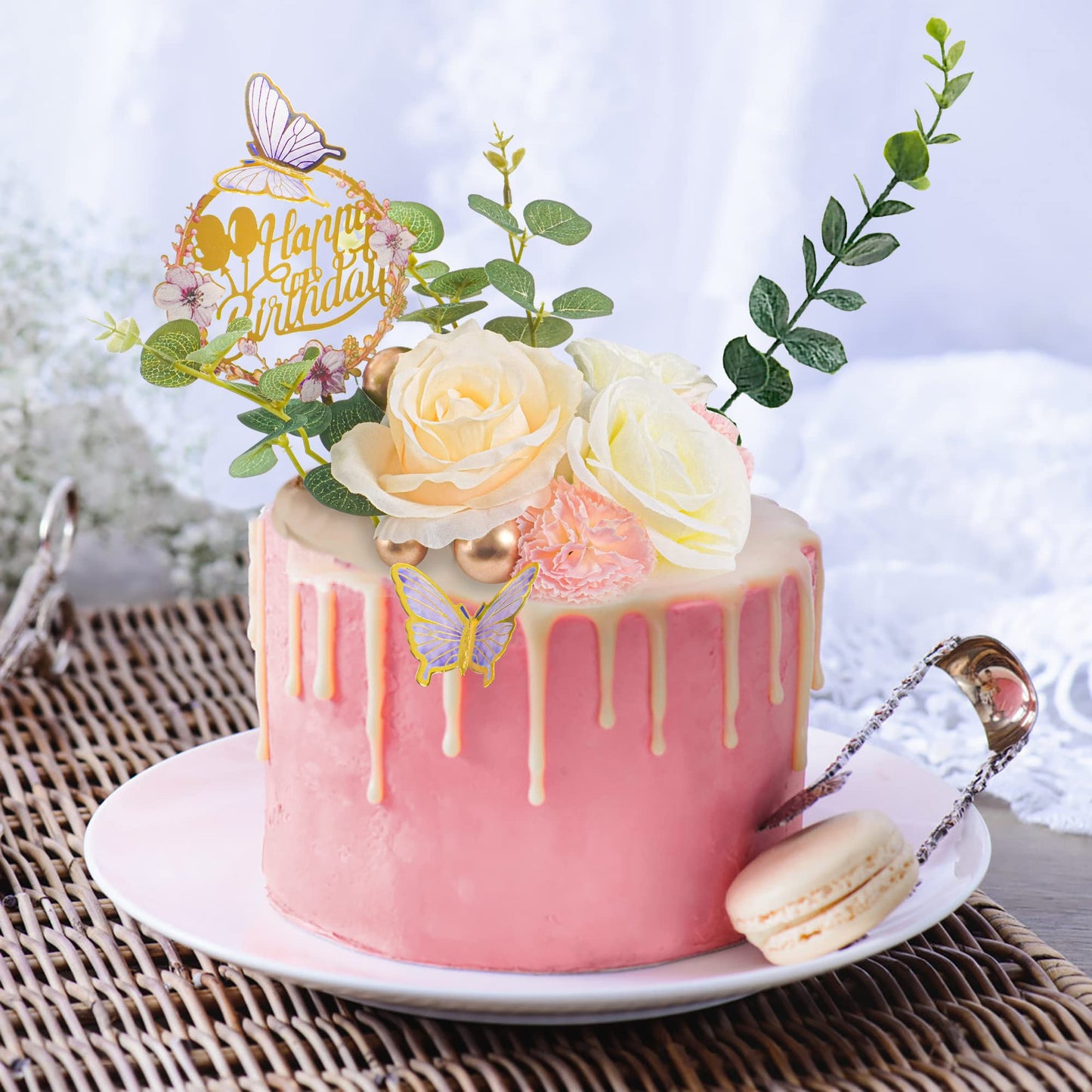 28Pcs Flower Cake Topper 3D Butterfly Acrylic Happy Birthday Cake Toppers Artificial Carnation Rose Flowers Eucalyptus Leaves Ca