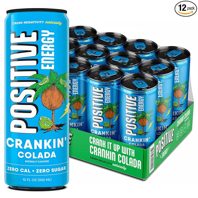 POSITIVE ENERGY Positive Energy Drink - Crankin' Colada, Zero Sugar & Calories, 12oz Cans (Pack of 12), Hydrating Electrolytes, Immunity Support