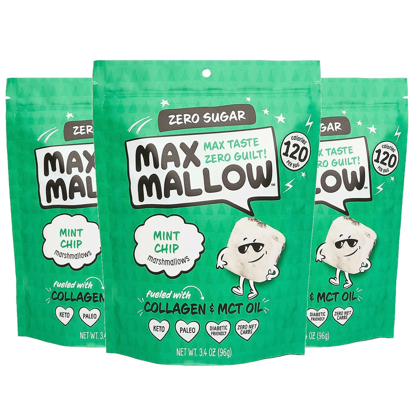 Know Brainer Max Mallow Mint Chip - Guilt-Free & Zero Sugar Marshmallows - Low Carb Zero Fat Gluten Free & Ketogenic - Marshmallow Fueled With Collagen Mct Oil - Pack Of 3