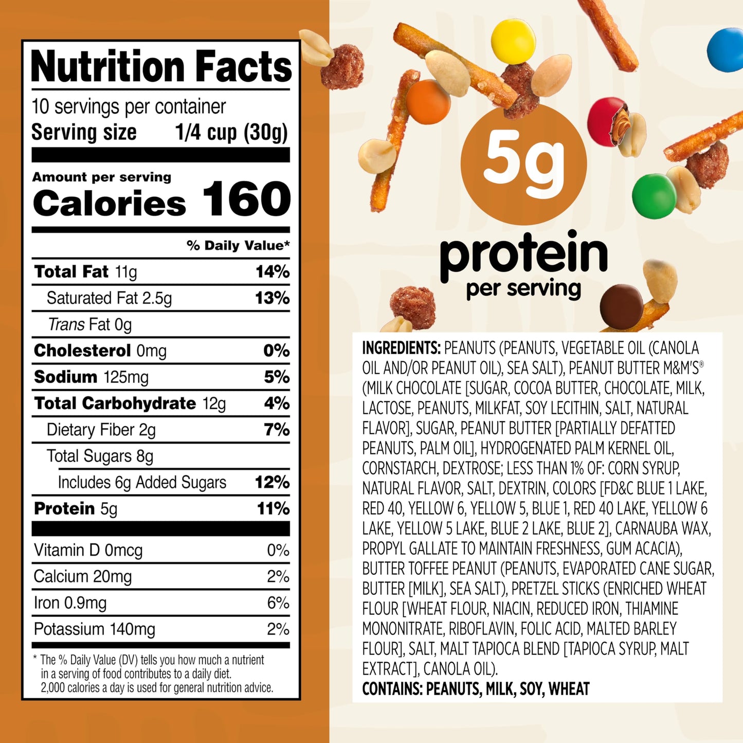 Snak Club Peanut Butter Chocolate Trail Mix with Peanuts, Peanut Butter M&MS, Toffee Peanuts, and Pretzels, 11 oz Resealable Bag