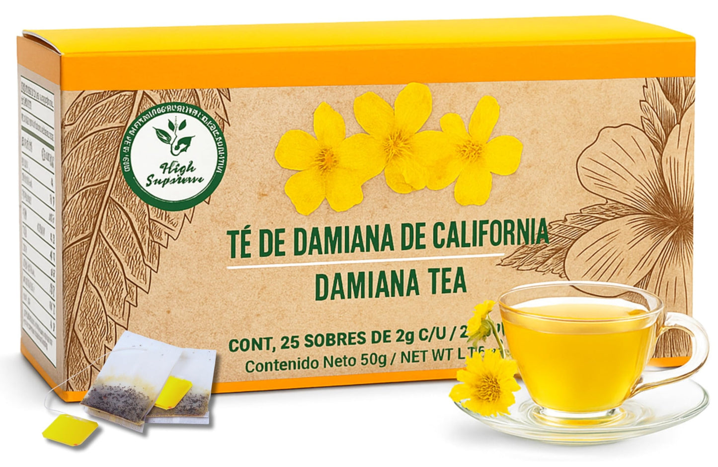 Damiana Herbal Tea - 100% Turnera Diffusa - 25 Tea Bags - Natural Energy Blend-Free Infusion - Traditional Herbal Beverage - T? De Damiana De California - Hecho En M?Xico