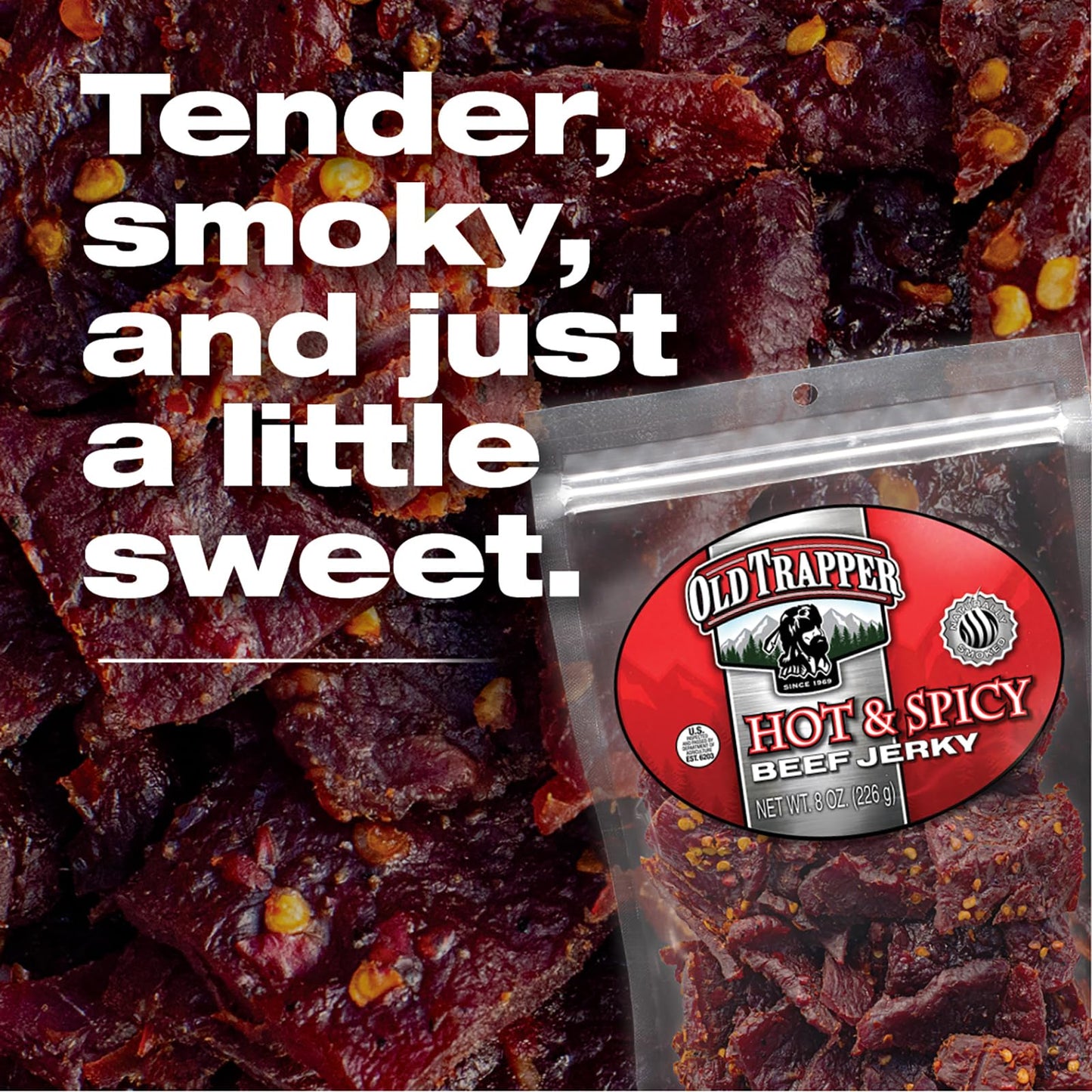Old Trapper Beef Jerky, Hot & Spicy, 8 Ounce Pack, 11g Protein, Tender Meat Snacks
