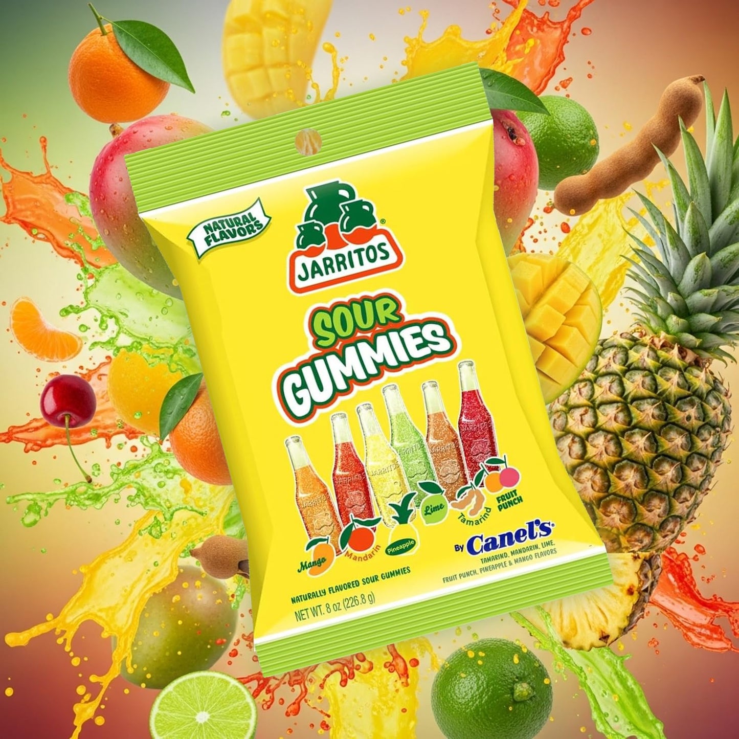 Jarritos Sour Gummies Candy - 4 Pack of Mexican Candies with Natural Flavors - 2 Sour & 2 Original Bags - 6 Fruity Flavors - Tan