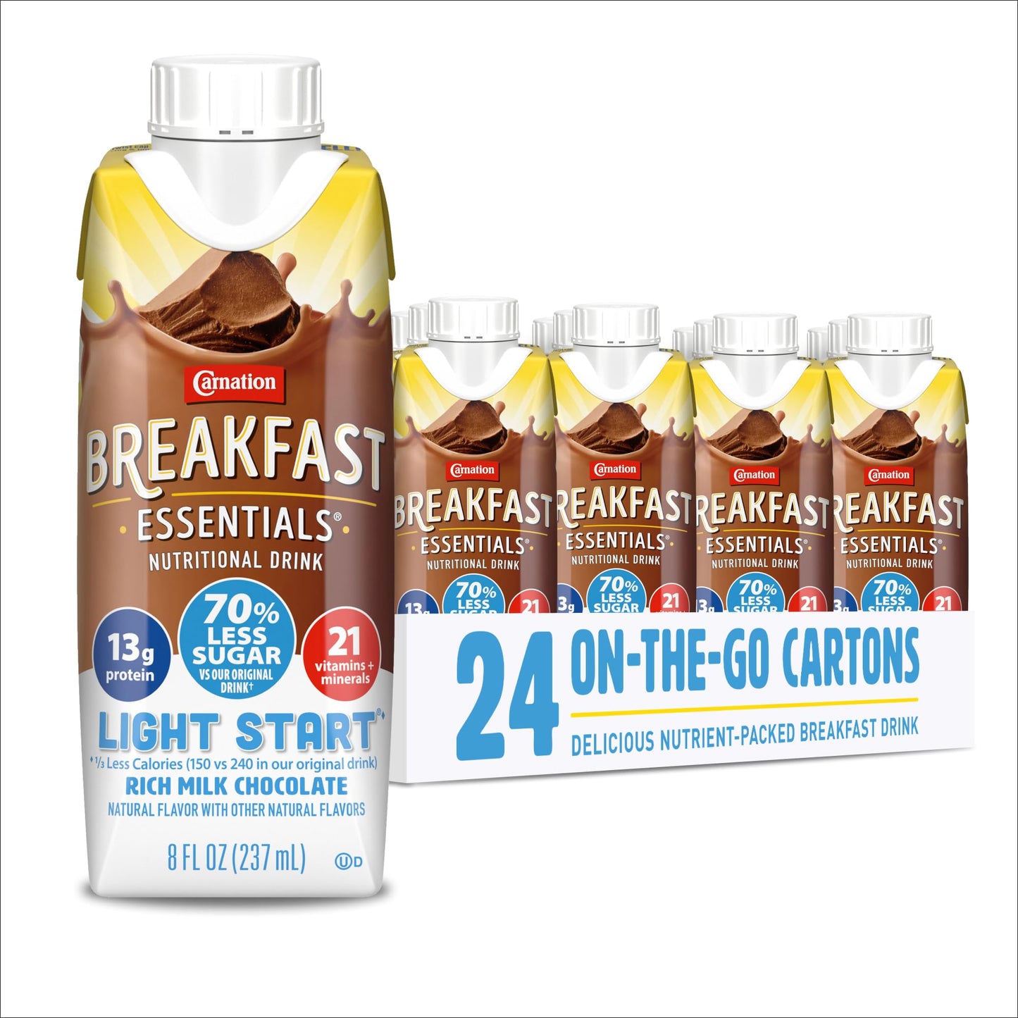 Carnation Breakfast Essentials Nutritional Drink, 13g Protein, 70% Less Sugar, Gluten Free, Chocolate, 8 FL OZ (Pack of 24)
