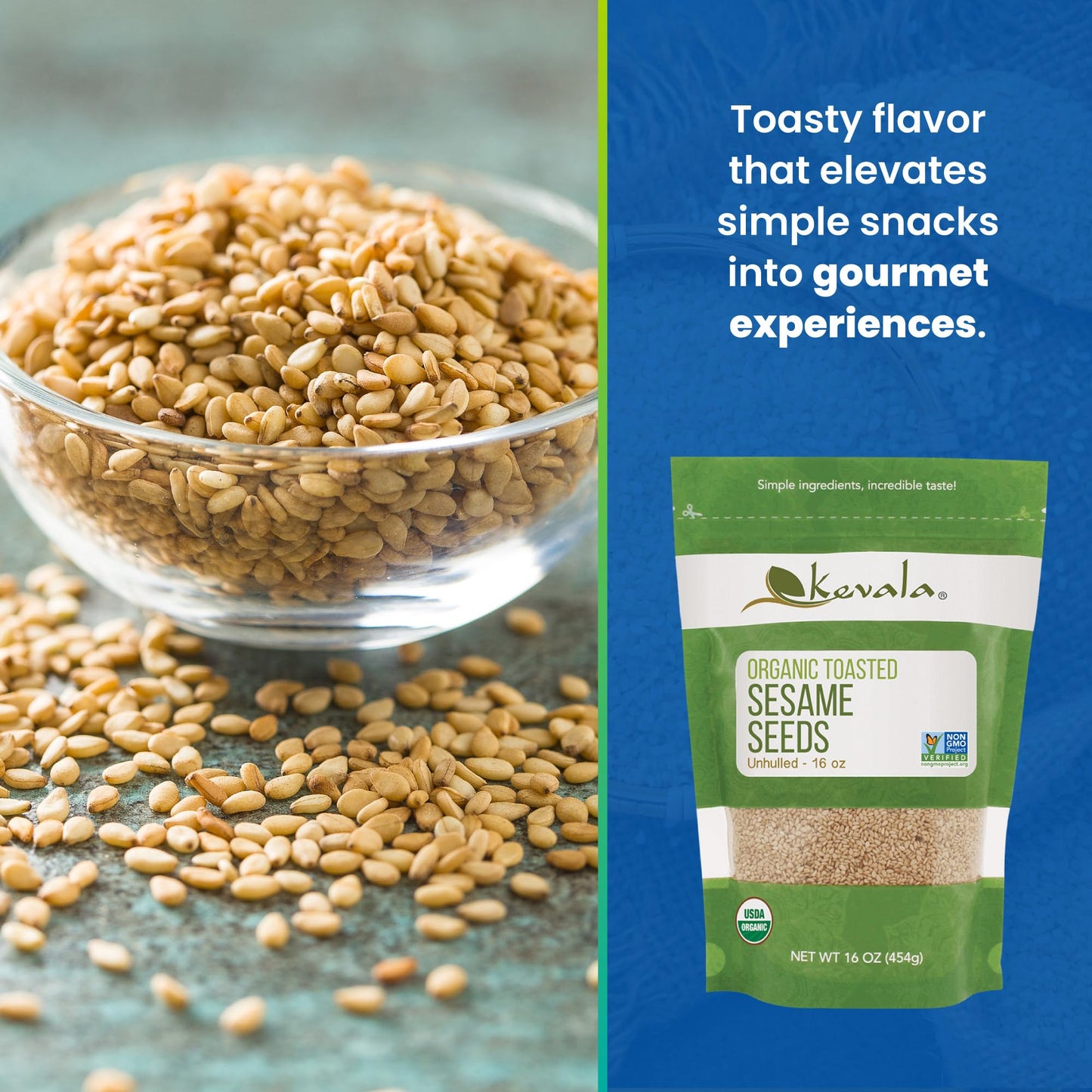 Kevala Organic Toasted Sesame Seeds (Unhulled) - Nutritious Snack for Clean Food Lovers, Ingredient for Making Hummus, Allergen