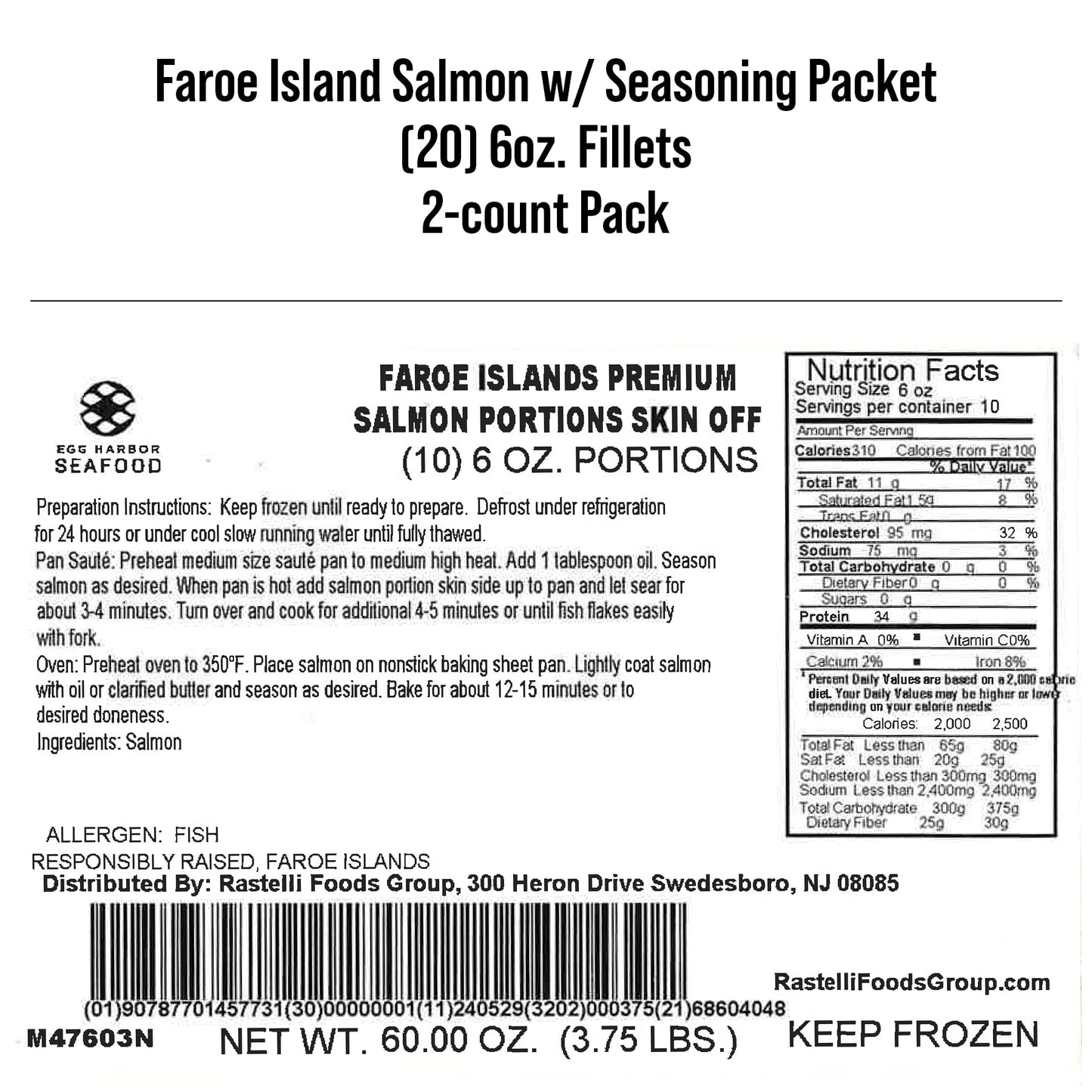 Rastelli'S Faroe Island Salmon (20 Ct) 6 Oz Portions, 7.5 Lbs. Total
