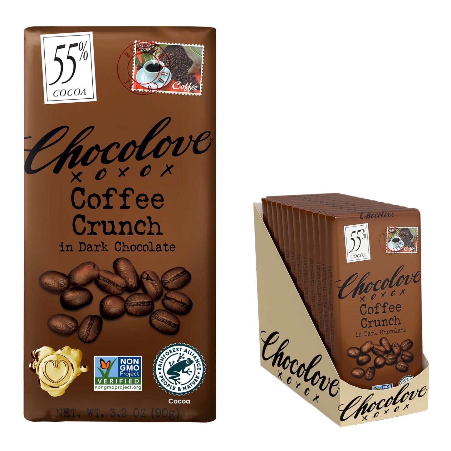 Chocolove Coffee Crunch Dark Chocolate Bars | 55% Cocoa | Crunchy Coffee Bean Bits | Smooth & Sweet | Premium Belgian Dark Choco