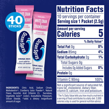 Ocean Spray White Cran-Strawberry Zero Sugar Powder Drink Mix Packets With Real Cranberry Juice Powder, 100% Vitamin C, No Synth