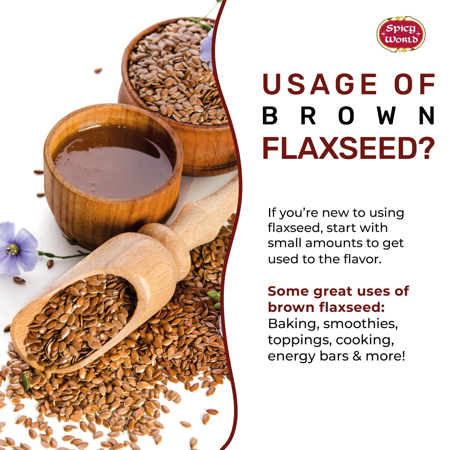 Spicy World Brown Flaxseed 2 LB Bag - Non-GMO, Whole, High in Fiber & Omega-3, Keto Friendly Baking, 32oz