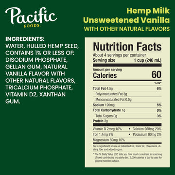 Pacific Foods Unsweetened Vanilla Hemp Milk, Plant Based Milk, 32 oz Carton