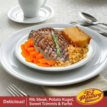 KJ Poultry Kosher Ready Meals - Beef Rib Steak & Kugel, MRE Meat Meals Ready to Eat, Shabbos Food (1 Pack) Prepared Entree Fully