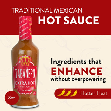 Tabaero Extra Hot Sauce, 8 oz Glass Bottle, Gourmet Spicy Sauce Gift, All Natural, Low Sodium, Made in the USA