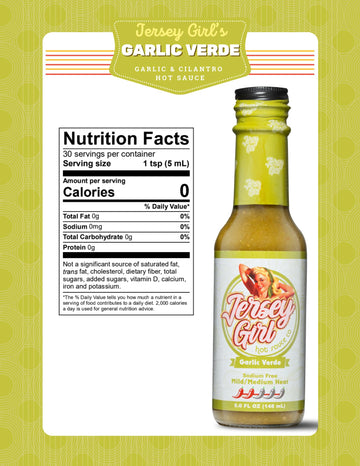 Jersey Girl Hot Sauce - Garlic Verde - No Added Salt - Naturally Sodium Free - All-Natural Healthy Ingredients With Hand-Picked